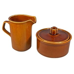 Vintage Mid Century Modern Brown Glazed Stoneware Creamer & Sugar Set with Lid